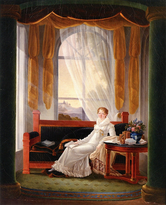 Neoclassical Interior with Seated Young Woman, vintage artwork by French School 19th Century - Unknown, A3 (16x12") Poster Print