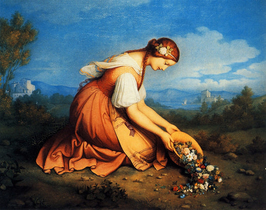 Girl on here knees discharges a flower basket, vintage artwork by Marie Ellenrieder, 12x8" (A4) Poster