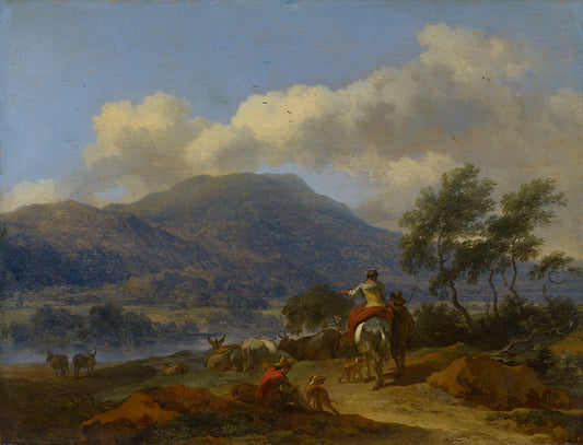 Mountainous Landscape with Two Shepherds, a Shepherdess and Cattle, vintage artwork by Nicolaes Berchem, 12x8" (A4) Poster