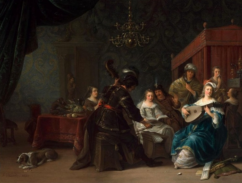 Interior scene with people making music, vintage artwork by Anthonie Palamedesz, 12x8" (A4) Poster