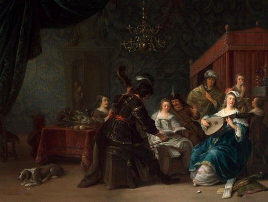Interior scene with people making music, vintage artwork by Anthonie Palamedesz, 12x8" (A4) Poster