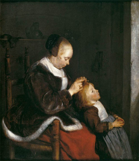 A Mother Combing the Hair of her Daughter, vintage artwork by Gerard ter Borch, 12x8" (A4) Poster