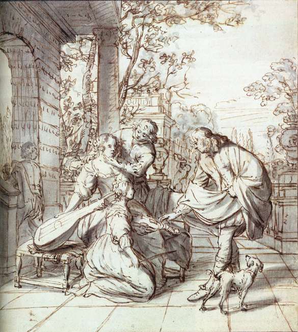 Elegant Company on a Terrace, vintage artwork by Jan Verkolje, 12x8" (A4) Poster