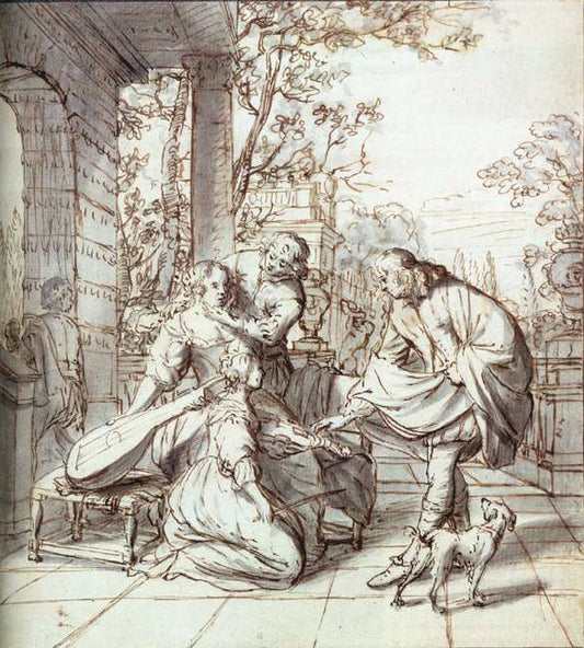 Elegant Company on a Terrace, vintage artwork by Jan Verkolje, 12x8" (A4) Poster