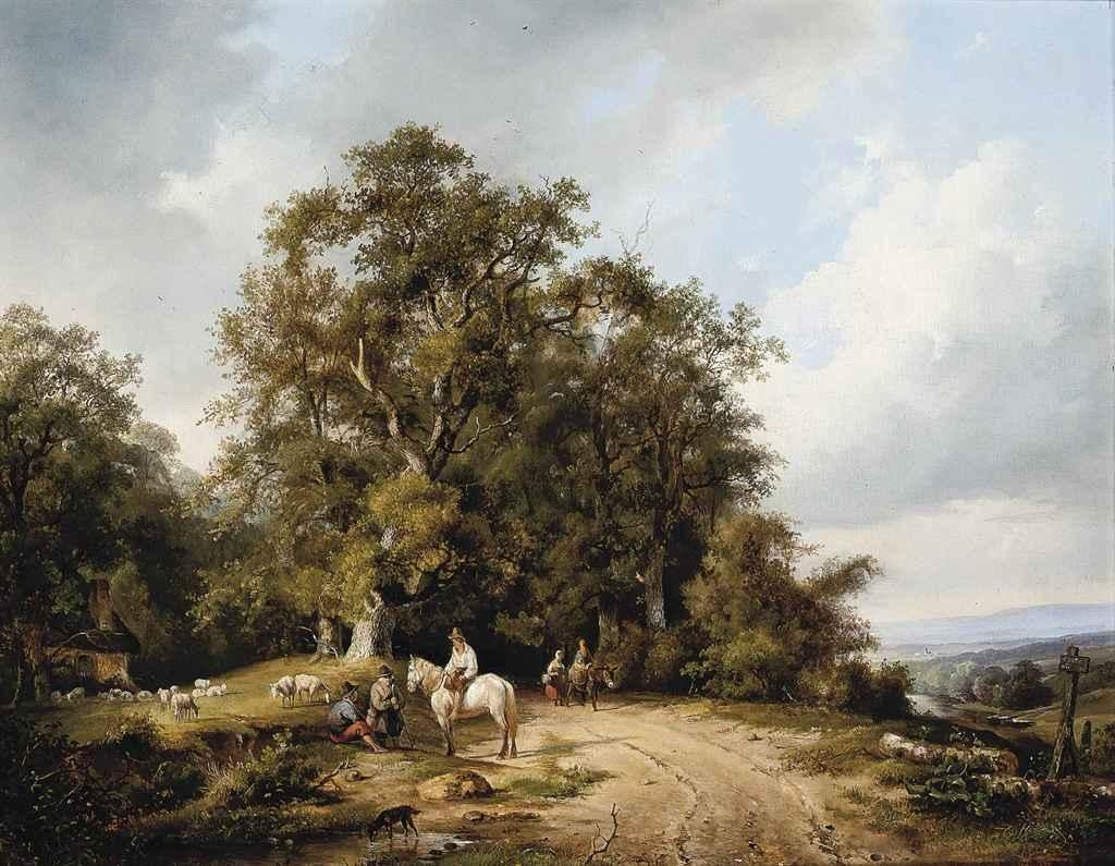 Travelers in a Dutch Landscape, vintage artwork by Frans Arnold Breuhaus de Groot, 12x8" (A4) Poster