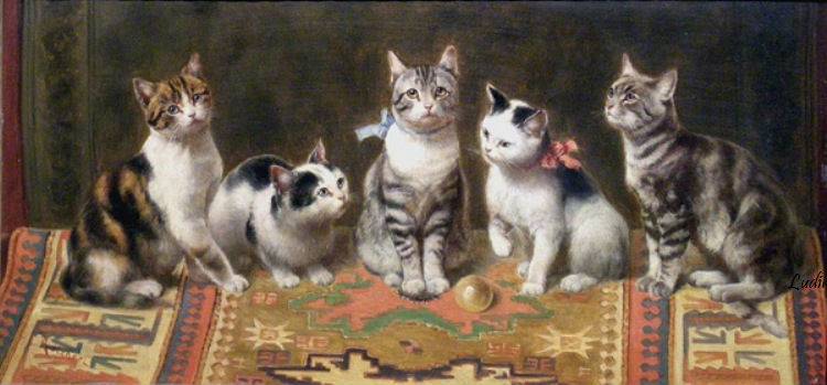 Cat Family, vintage artwork by Carl Reichert, 12x8" (A4) Poster