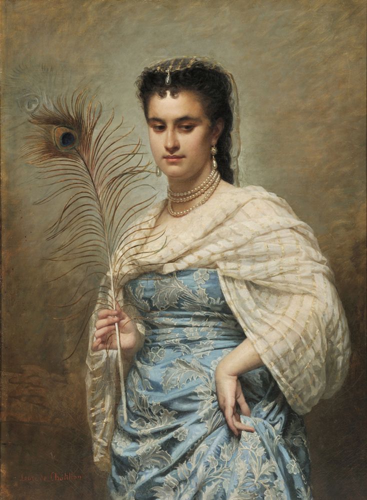 Woman with a Peacock Feather, vintage artwork by Zoe-Laure de Chatillon, 12x8" (A4) Poster