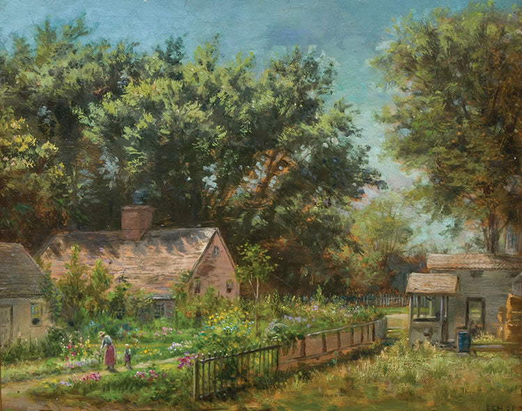 Mother and Child in Garden, vintage artwork by Edward Lamson Henry, 12x8" (A4) Poster