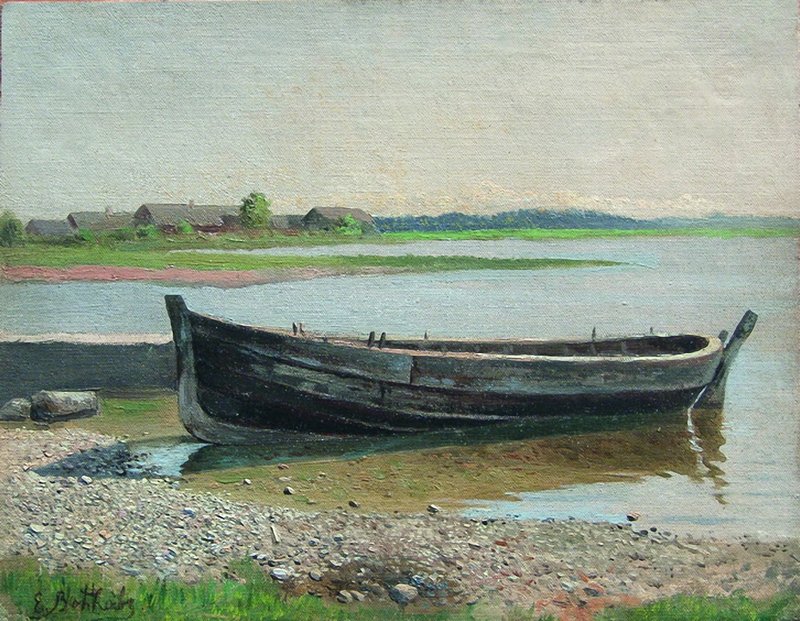 Boat on the River, vintage artwork by Efim Efimovich Volkov, 12x8" (A4) Poster