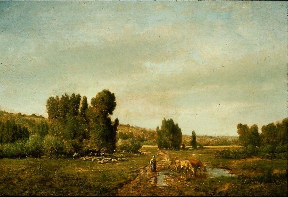 Landscape with Peasant Watering her Cows, vintage artwork by Theodore Rousseau, A3 (16x12") Poster Print