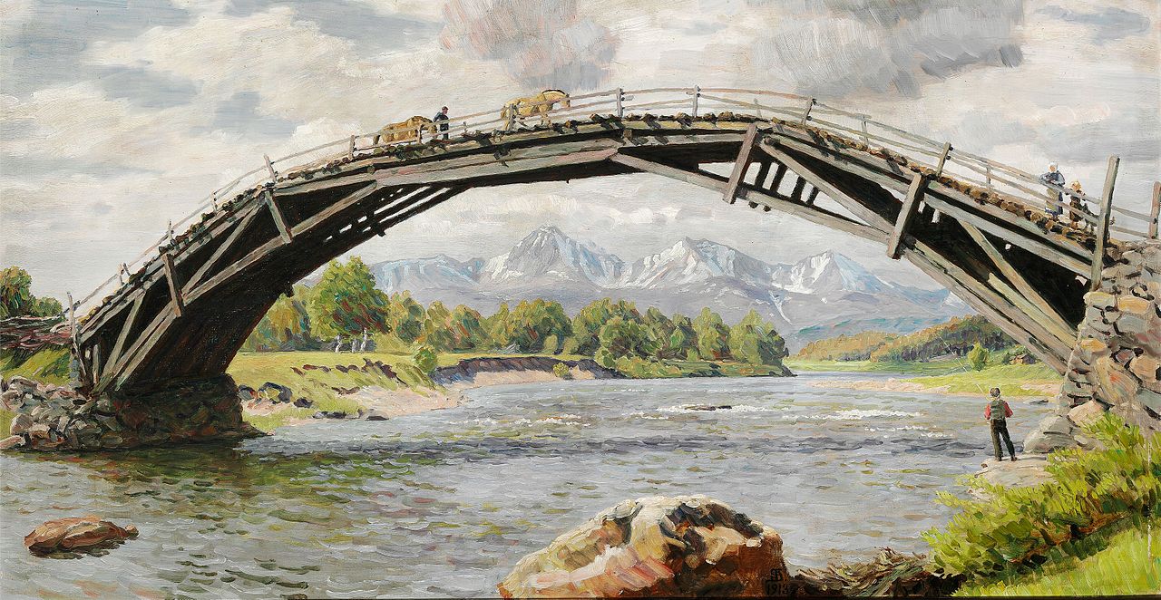 View of the old Grimsa bridge near Fallet in Grimsdalen Valley, Norway, vintage artwork by Niels Kristian Skovgaard, 12x8" (A4) Poster