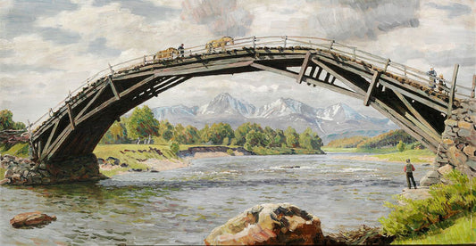 View of the old Grimsa bridge near Fallet in Grimsdalen Valley, Norway, vintage artwork by Niels Kristian Skovgaard, 12x8" (A4) Poster