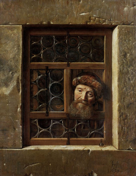 Old Man Looking through a Window, vintage artwork by Samuel van Hoogstraeten, 12x8" (A4) Poster