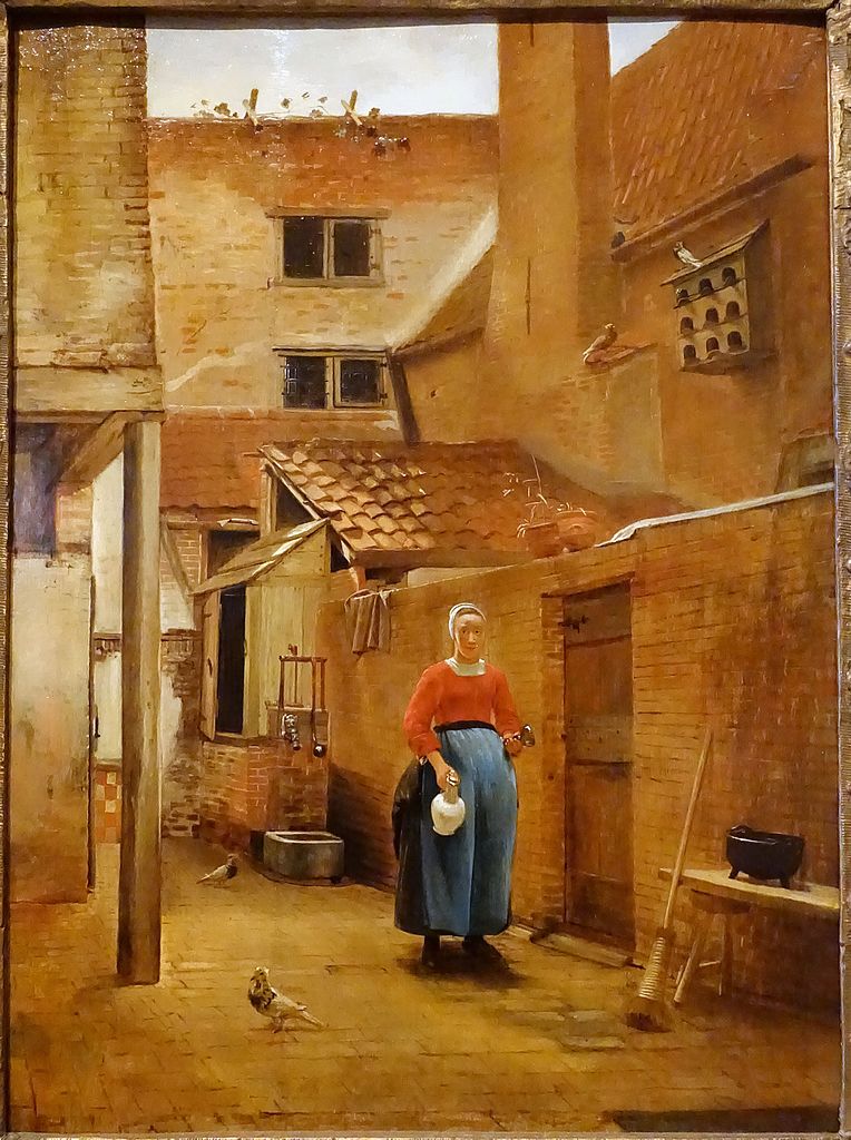 Courtyard Scene with Pregnant Woman, vintage artwork by Hendrick van der Burgh, 12x8" (A4) Poster
