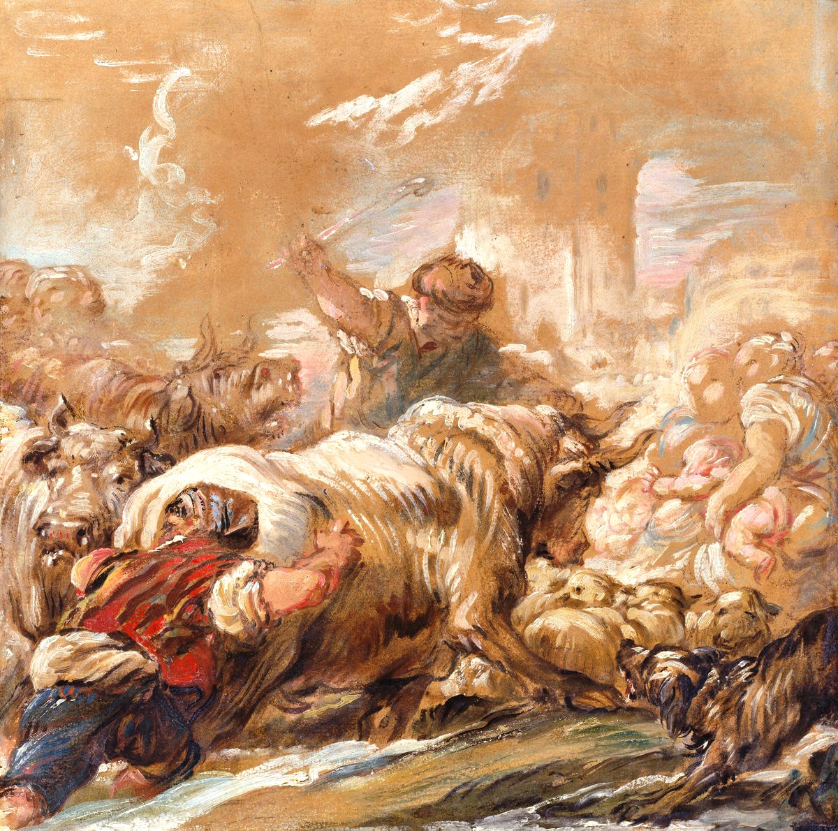 Herdsmen Driving Cattle across a Stream, vintage artwork by Jean-Baptiste Deshays de Colleville, 12x8" (A4) Poster