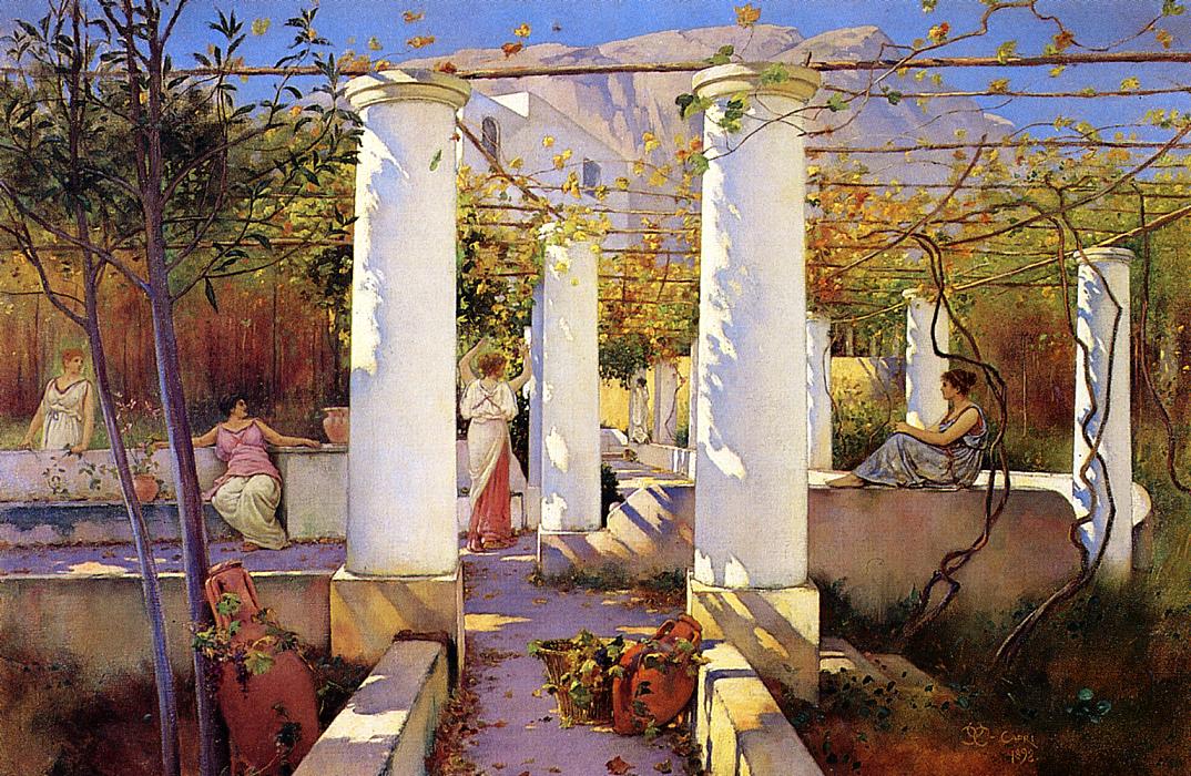 In the Shade of the Vines, Capri, vintage artwork by Charles Caryl Coleman, 12x8" (A4) Poster