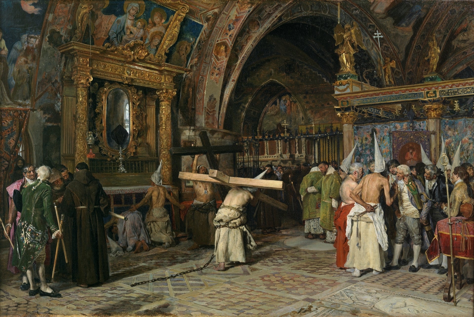 Penitentes en la Basílica Inferior de Asís, vintage artwork by Jose Jimenez y Aranda, 12x8" (A4) Poster