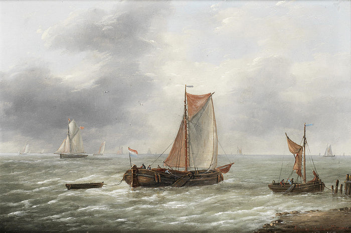 Dutch barges and other craft plying their trade, vintage artwork by Charles Louis Verboeckhoven, A3 (16x12