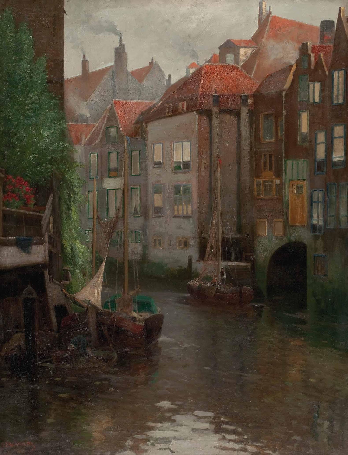 Boats in a canal, vintage artwork by Adolf Kaufmann, 12x8" (A4) Poster
