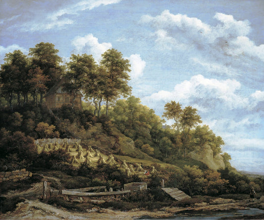 Hilly landscape with stooks of wheat, vintage artwork by Jacob van Ruisdael, 12x8" (A4) Poster