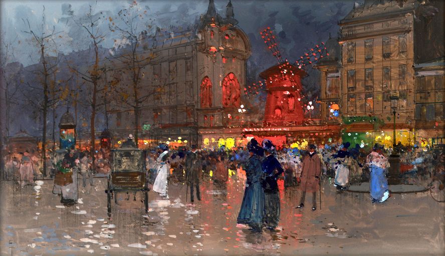 The Moulin Rouge, Evening, vintage artwork by Eugene Galien-Laloue, 12x8" (A4) Poster
