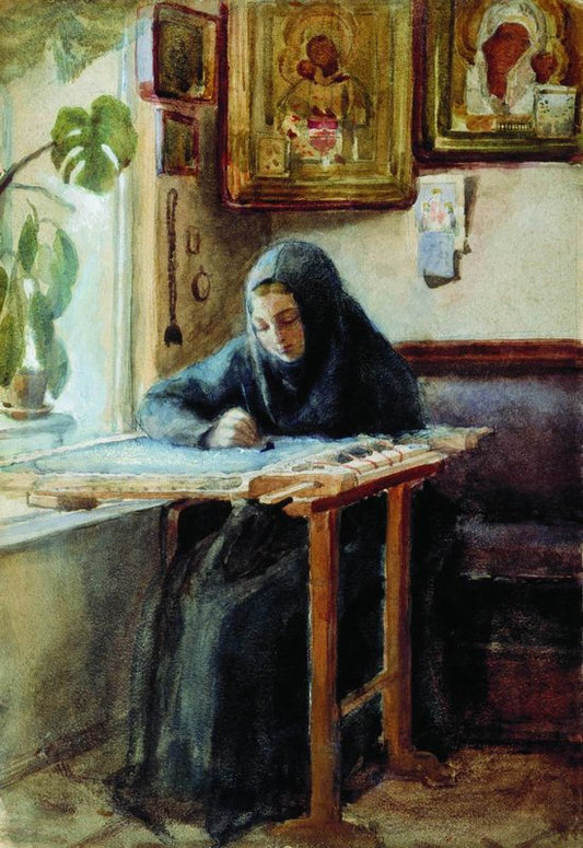 The Embroideress, vintage artwork by Nikolai Vasilevich Nevrev, 12x8" (A4) Poster