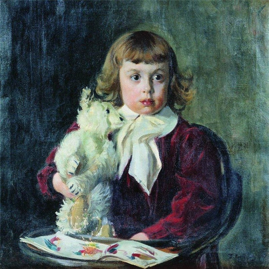 Boy with Teddy Bear, vintage artwork by Boris Mikhailovich Kustodiev, 12x8" (A4) Poster