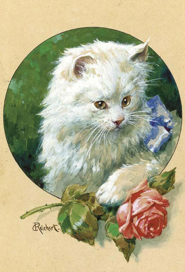Cat and Rose, vintage artwork by Carl Reichert, 12x8" (A4) Poster
