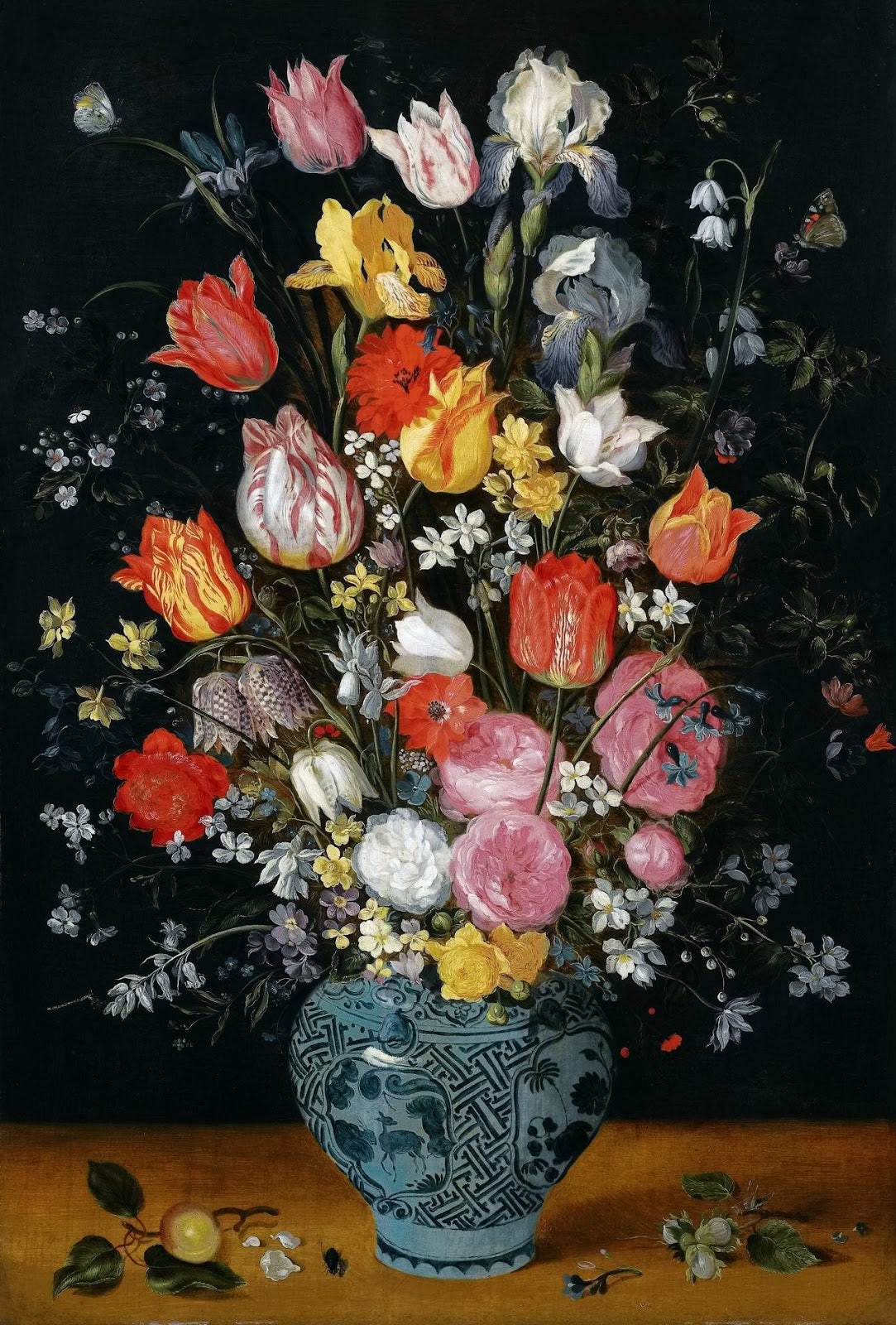 Still life with tulips, roses, lilies, irises, poppies, hyacinths and other flowers in a vase, vintage artwork by Jan Brueghel the Younger, 12x8" (A4) Poster