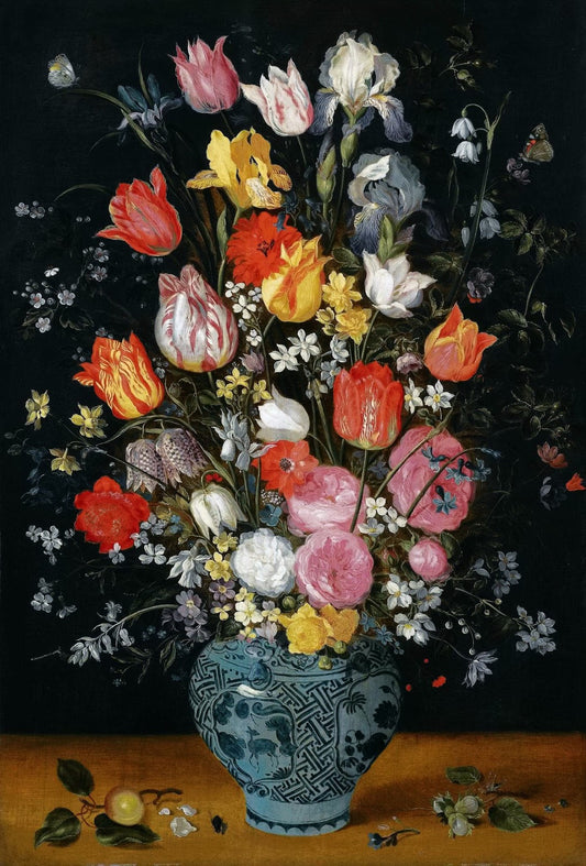 Still life with tulips, roses, lilies, irises, poppies, hyacinths and other flowers in a vase, vintage artwork by Jan Brueghel the Younger, 12x8" (A4) Poster