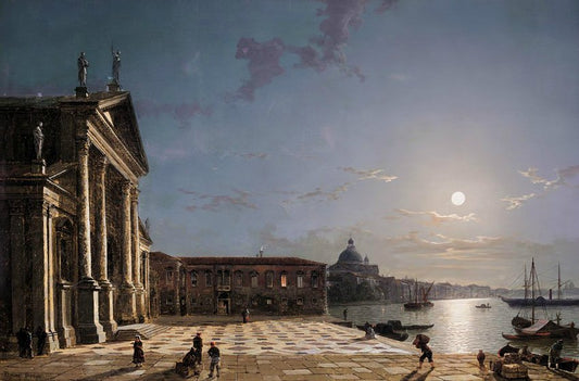Unloading cargo from the Grand Canal, Venice, by  moonlight, vintage artwork by Henry Pether, 12x8" (A4) Poster