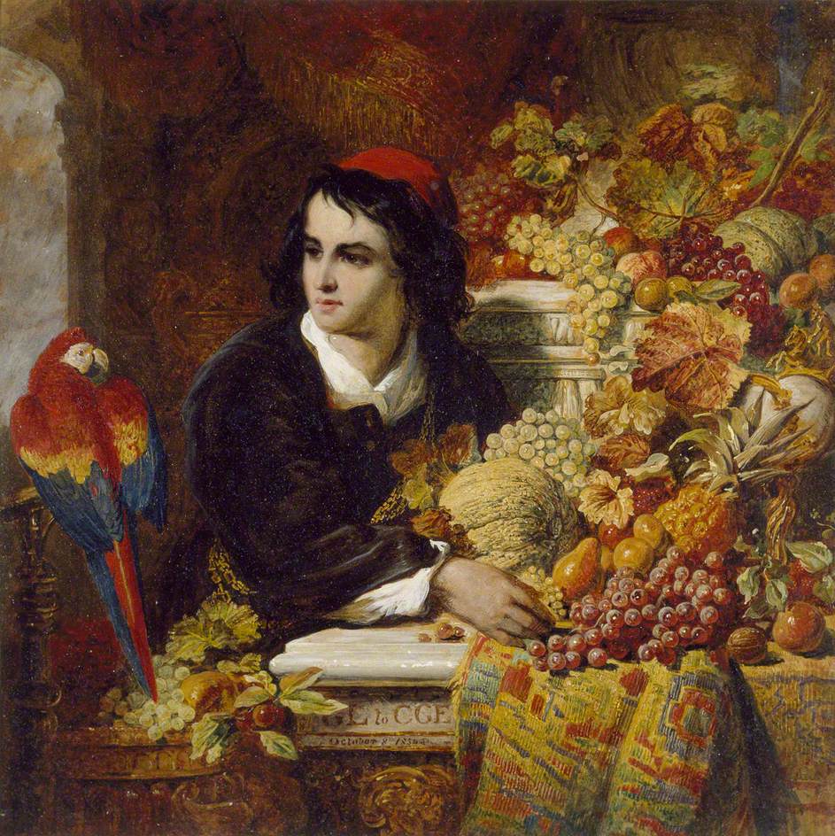 Still Life of Fruits with the Figure of a Young Man, vintage artwork by George Lance, A3 (16x12") Poster Print