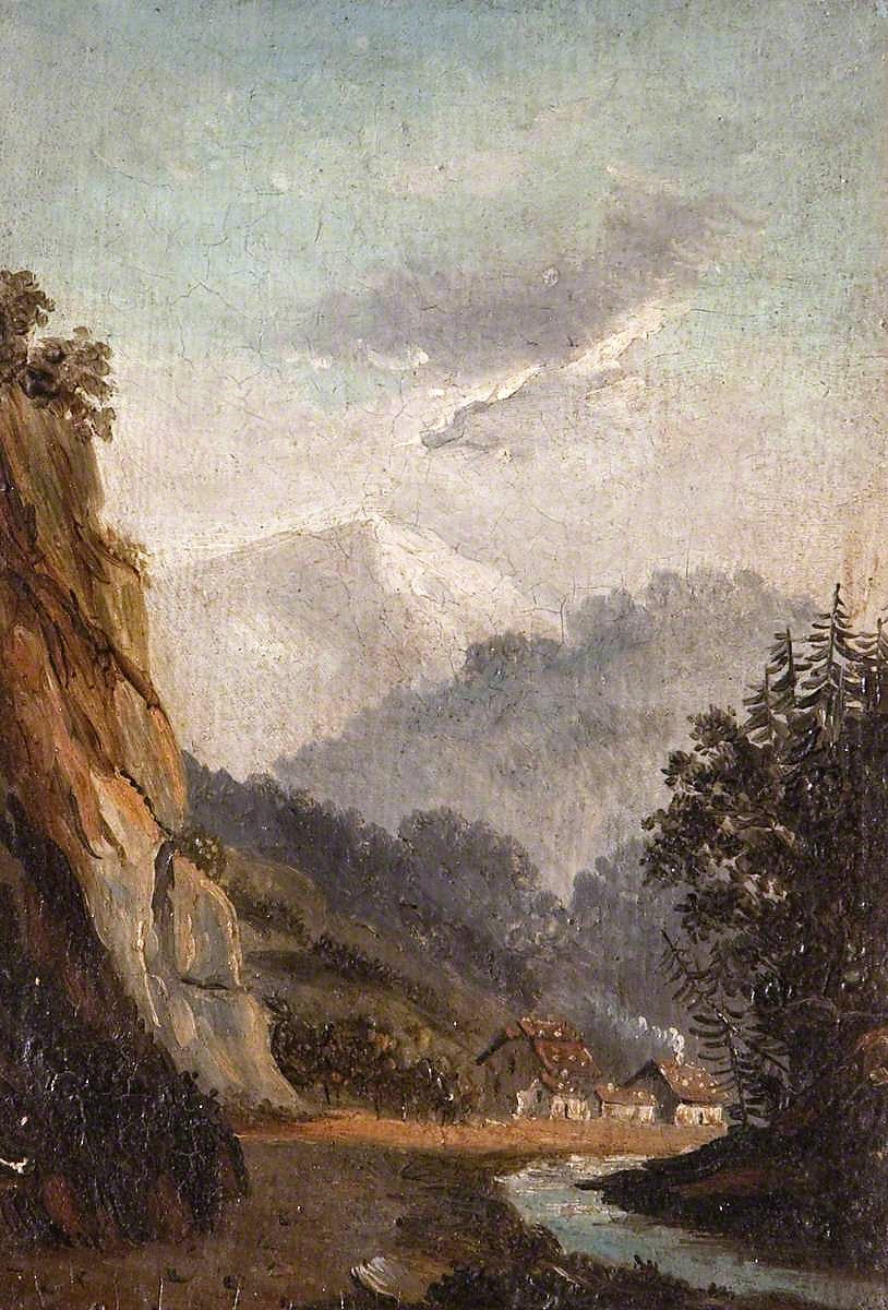 Subalpine Mountain Scenery with a Village Below, vintage artwork by Henrietta Chatterton, A3 (16x12") Poster Print