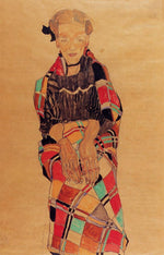 Girl in Black Pinafore, Wrapped in Plaid blanket, vintage artwork by Egon Schiele, 12x8" (A4) Poster