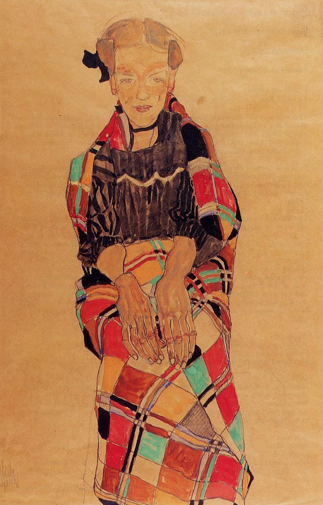 Girl in Black Pinafore, Wrapped in Plaid blanket, vintage artwork by Egon Schiele, 12x8