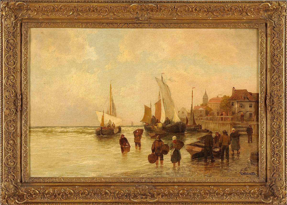 Fishermen Unloading the Catch, vintage artwork by Karl Theodor Wagner, 12x8" (A4) Poster