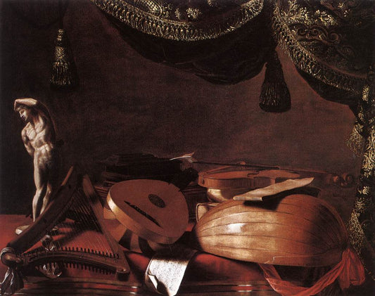 Still-Life with Musical Instruments and a Small Classical Statue, vintage artwork by Evaristo Baschenis, 12x8" (A4) Poster