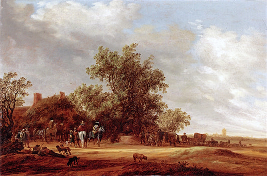 An Extensive Landscape with Travelers Halting at a Farmhouse, a Village beyond, vintage artwork by Salomon van Ruysdael, 12x8" (A4) Poster