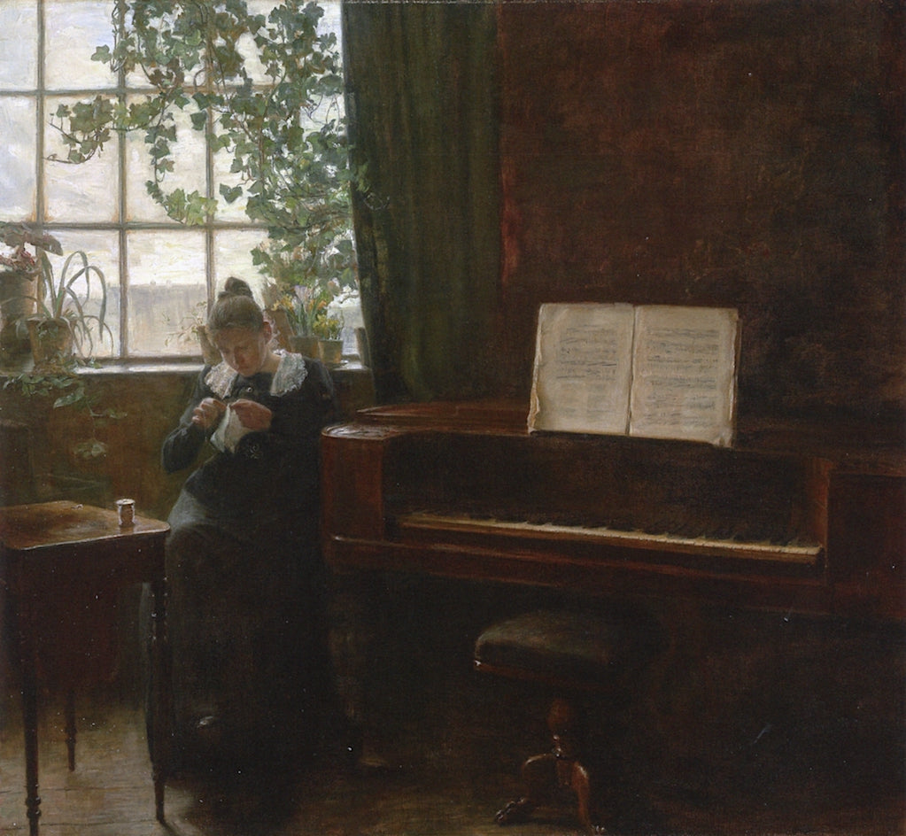 Young Lady Sewing in the Music Room, vintage artwork by Carl Vilhelm Holsøe, 12x8" (A4) Poster