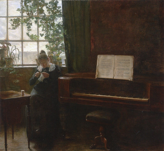Young Lady Sewing in the Music Room, vintage artwork by Carl Vilhelm Holsøe, 12x8" (A4) Poster