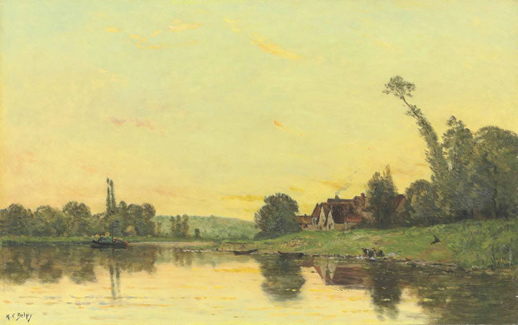 Soleil Couchant à Portejoie, vintage artwork by Hippolyte-Camille Delpy, 12x8" (A4) Poster