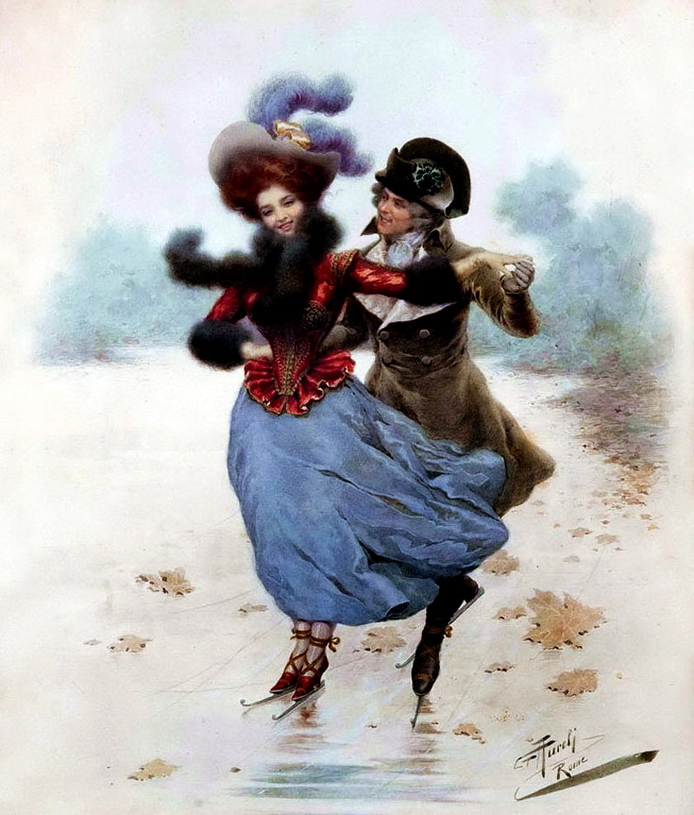 Couple Skating, vintage artwork by Giuseppe Aureli, 12x8" (A4) Poster