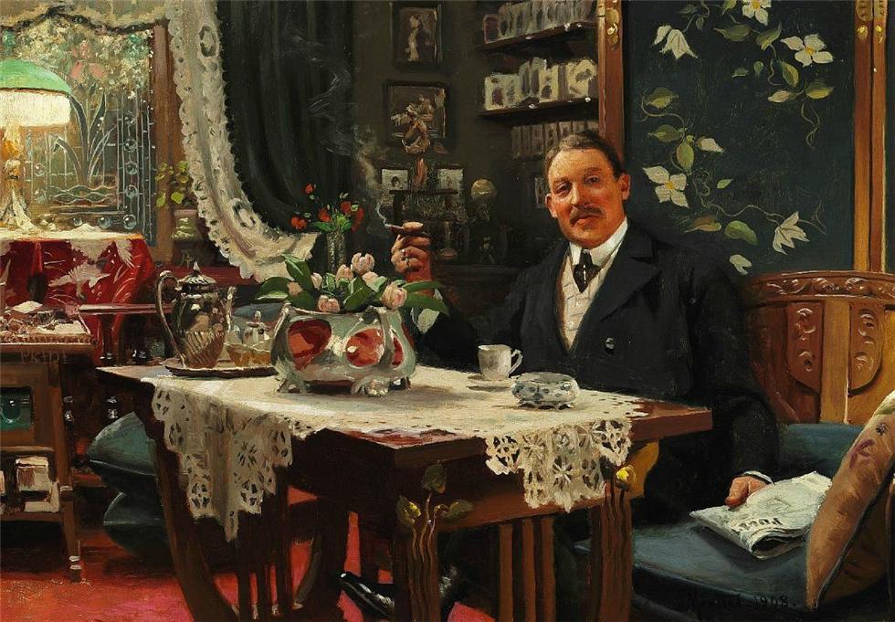 and reading the newspaper "Politiken" by Peder Mork Monsted,A3(16x12")Poster
