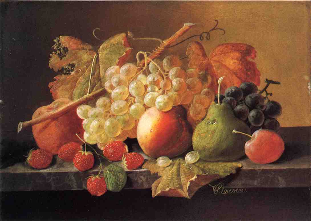 Fruit on a Marble Ledge, vintage artwork by Severin Roesen, A3 (16x12") Poster Print