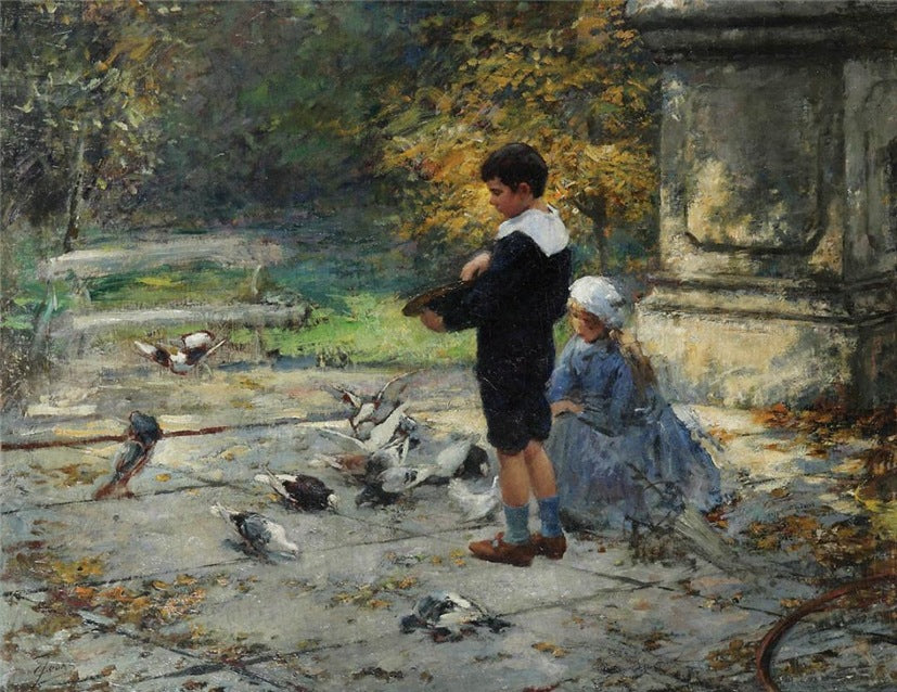 Children Feeding Pigeons in the Park, vintage artwork by Eugène Joors, 12x8" (A4) Poster