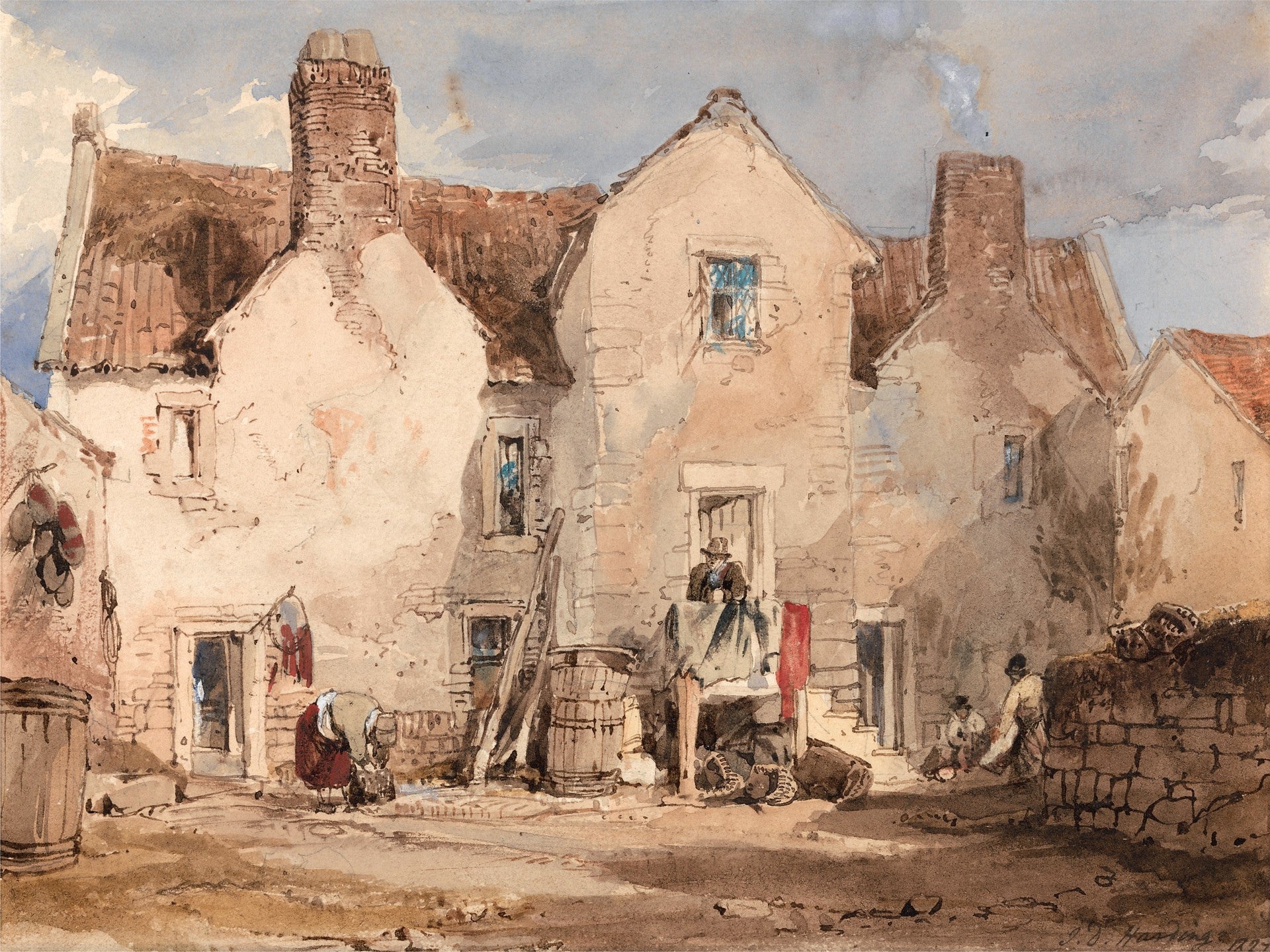 Fishermen's Houses at Sculcoats near Hull, Yorkshire, vintage artwork by James Duffield Harding, A3 (16x12") Poster Print