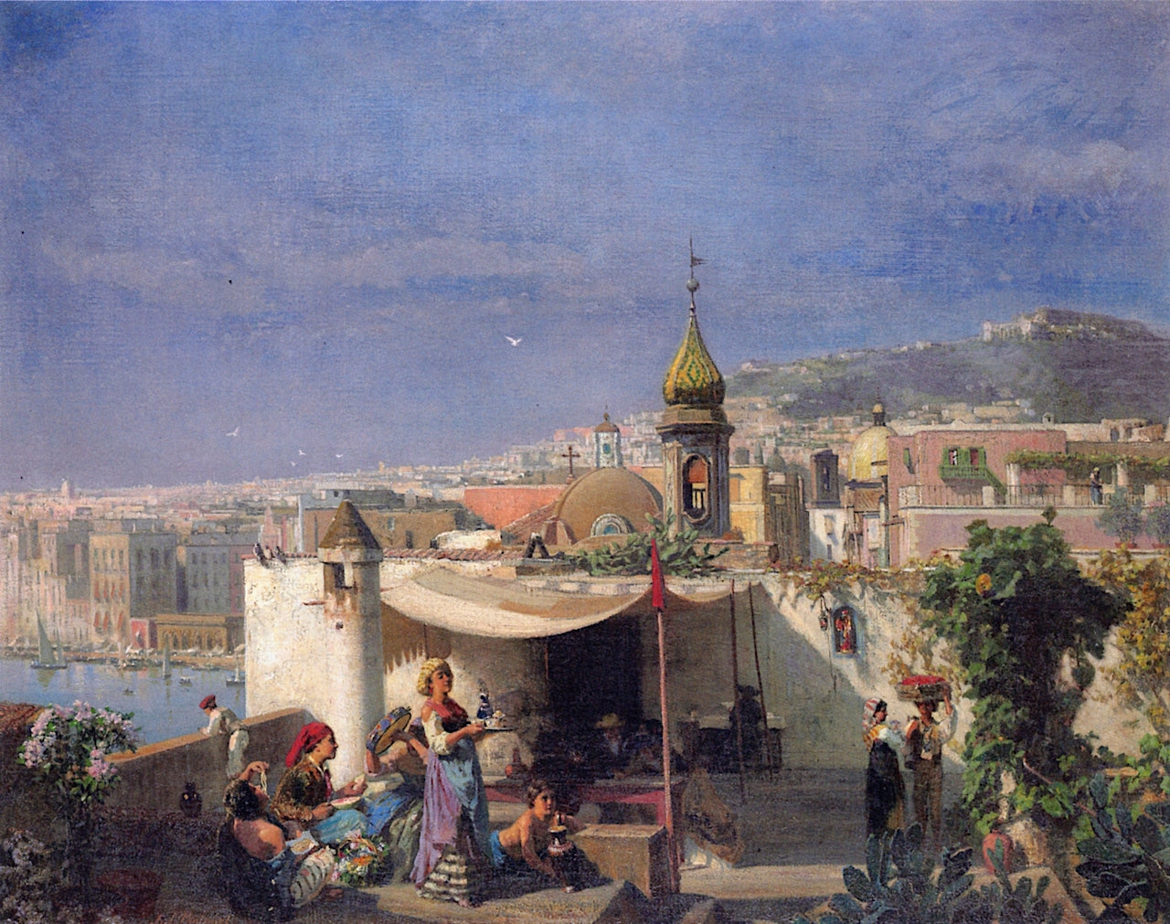 Family on a Terrace, Naples, vintage artwork by Jules Ruinart de Brinant, 12x8" (A4) Poster