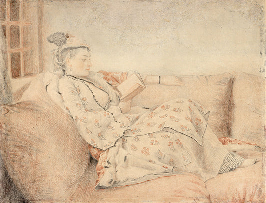 Lady in Turkish dress, reading, vintage artwork by Jean-Étienne Liotard, 12x8" (A4) Poster
