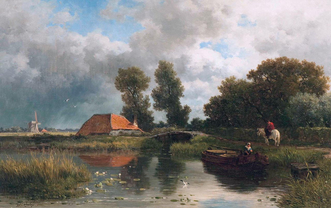 Tying a Boat near a Farm, vintage artwork by Willem Roelofs, 12x8" (A4) Poster