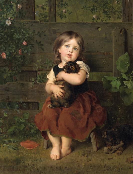 Little Girl With Dachshund Puppy, vintage artwork by Ludwig Knaus, 12x8" (A4) Poster